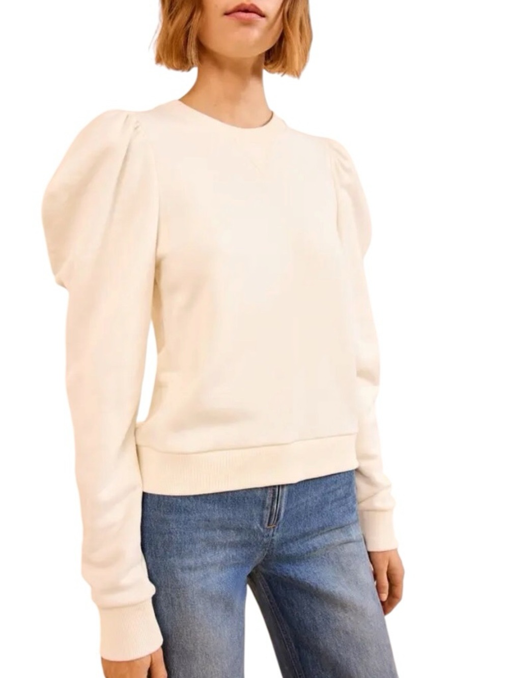 Ulla Johnson - Adeline Terry Pullover Sweater Ivory Puff Sleeve Ruffle Sz L